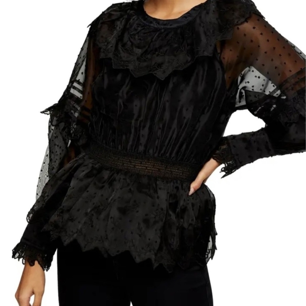 NWT - Topshop Black Sheer Lace Blouse